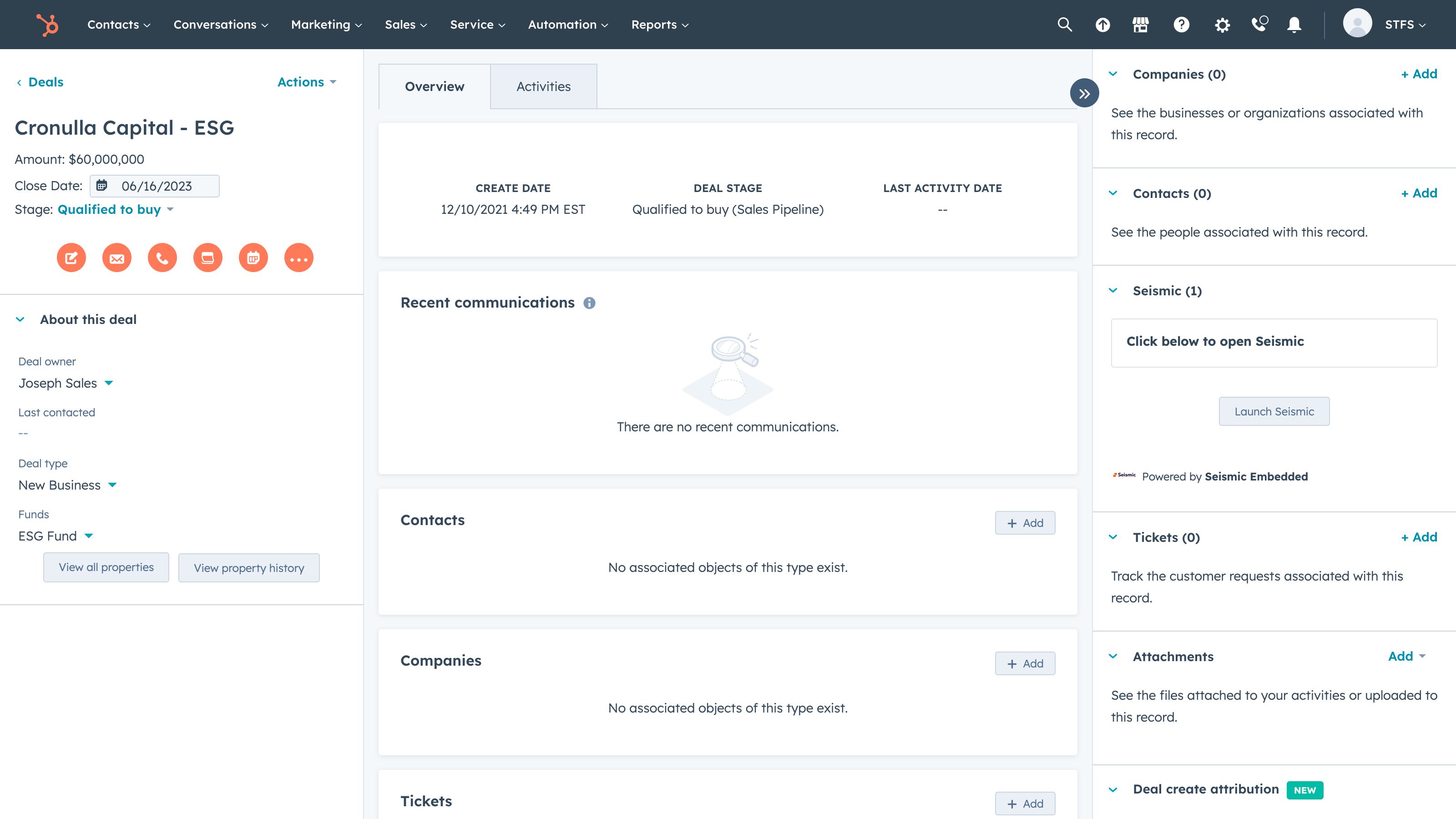 Seismic shown embedded on the HubSpot Deal object.